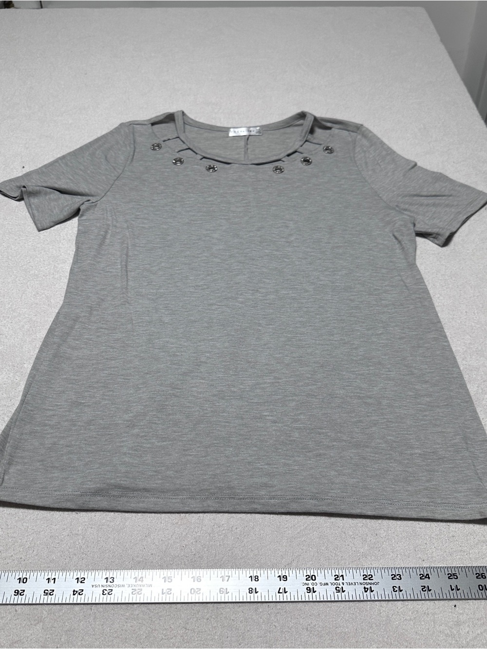 Women’s Short Sleeve Scoop Neck Top with Neckline Embellishments - Gray